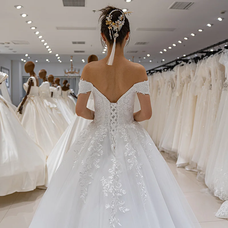 SL6851 wholesale luxury robe de mariage wedding dresses off the shoulder lace beaded cheap wedding dress bridal gowns elegant