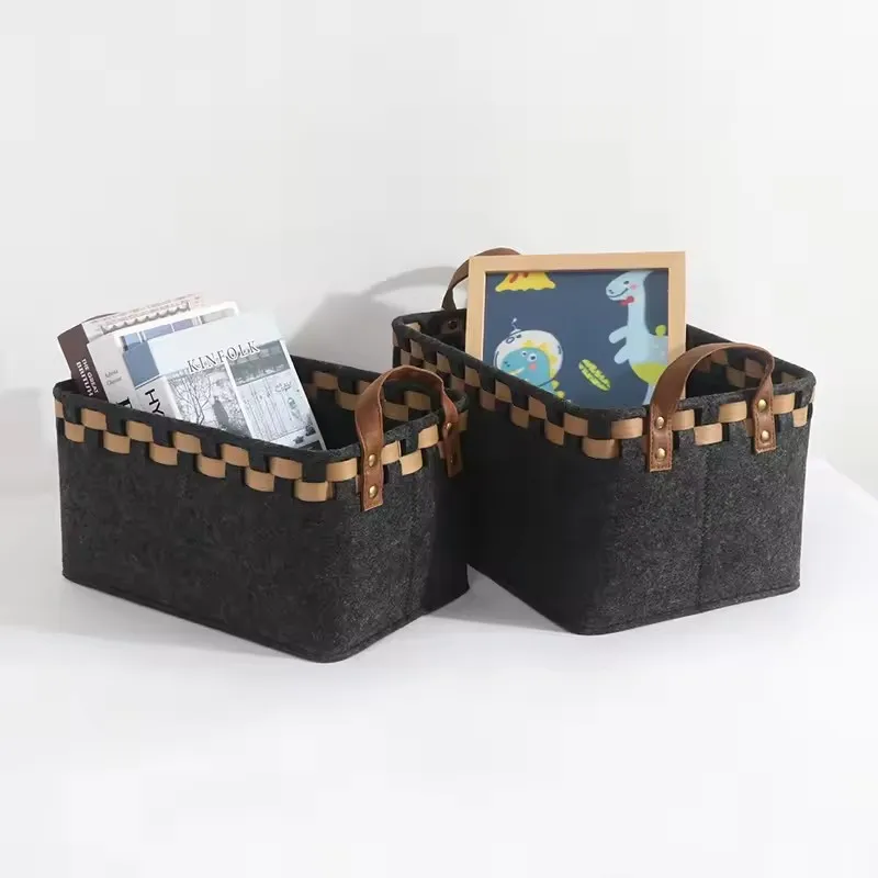 Friendly Household Woven Felt Storage Basket Hot Sale Environmentally Friendly Basket Storage with PU Handle for Home Use