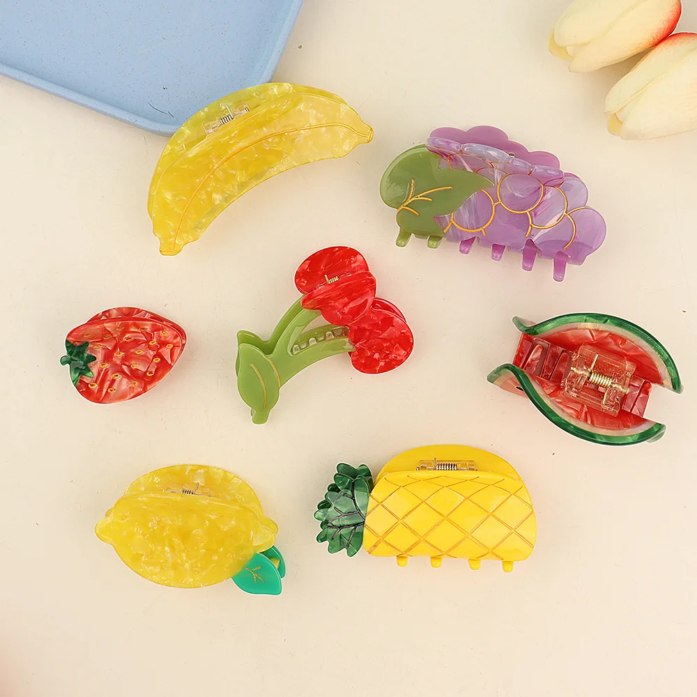 Cute Cartoon Peach Fruit Hair Claw Headpiece Girls Cellulose Acetate Hair Claw Clips Banana Ponytail Holder Hair Accessories
