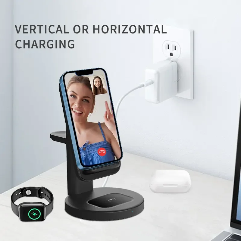 Popular Original Factory 3 in 1 Qi 15W Fast Charging Stand Magnetic Wireless Charger Desktop Foldable Tablet Mobile Phone Stand