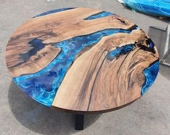 Free Sample Wooden Home Furniture Round Blue Walnut Wood  Ocean Epoxy Coffee Resin River Office Living Room Side  Table