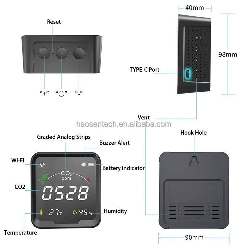 Smart Wifi co2 Detector Alarm Mini Air Quality Monitor ppm Meter co2 co2 meter + app