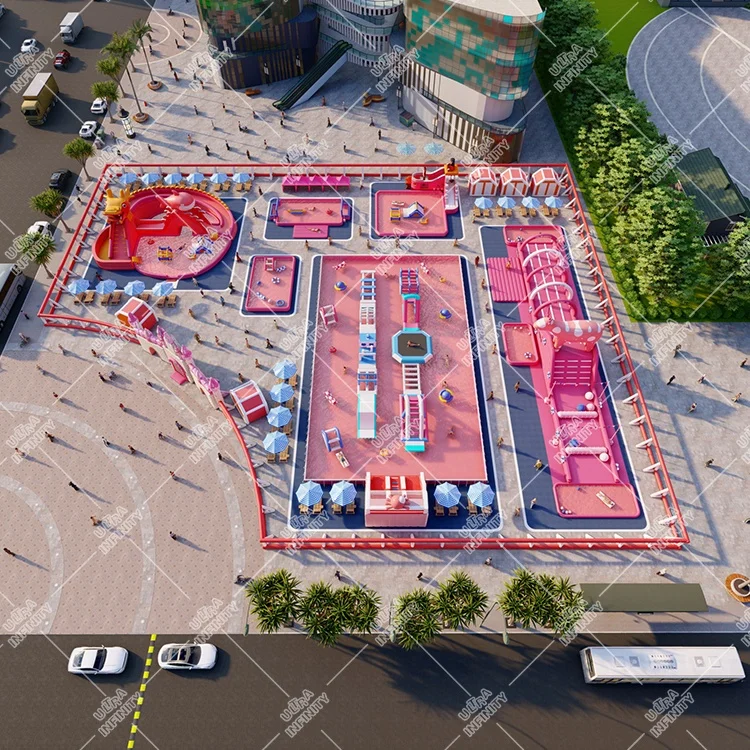 Pink theme inflatable water park on land amusement obstacle  water slide pool games  inflatable water play equipment design