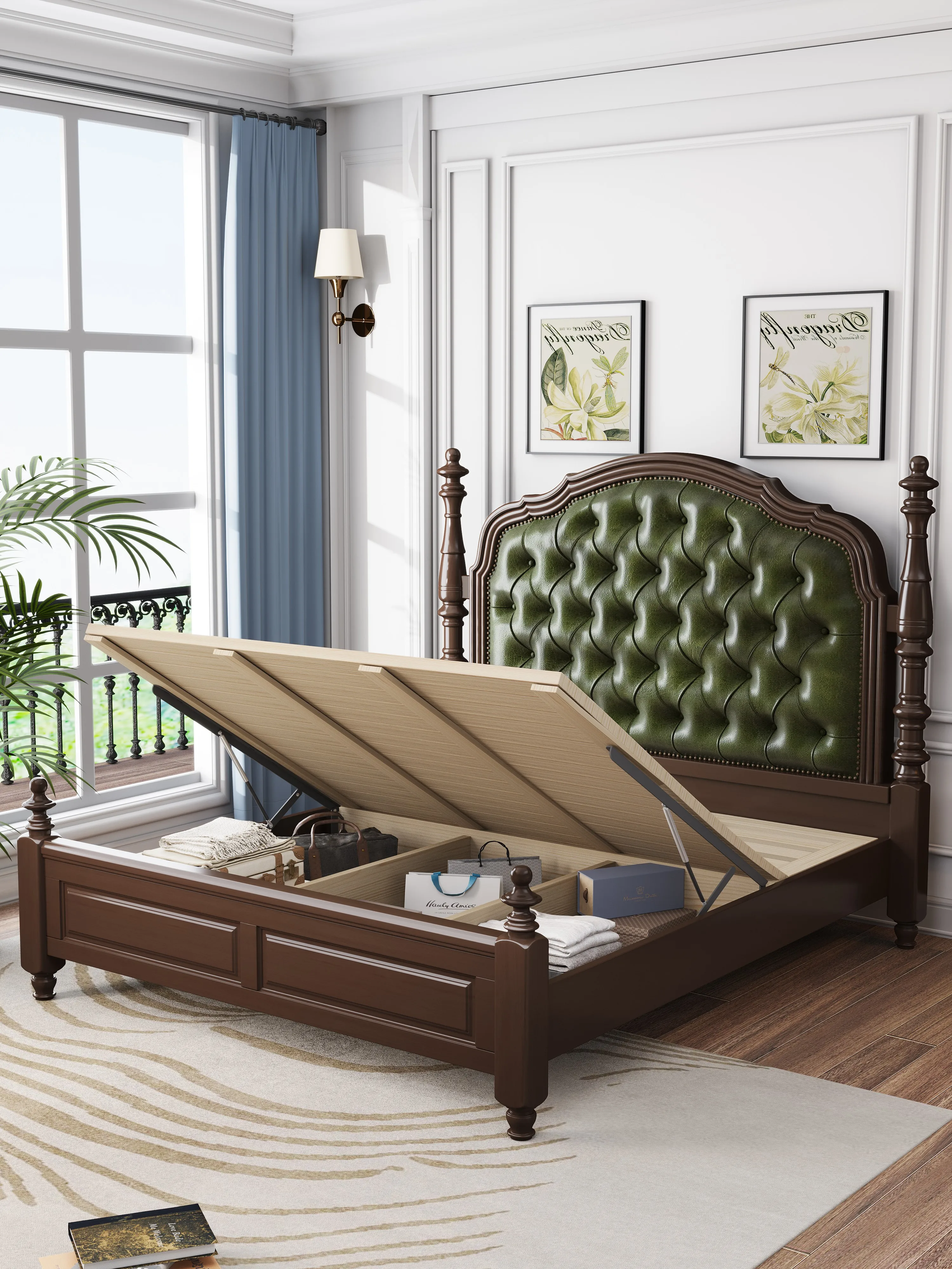 American Countryside Solid Wood Bed Platform Bedroom Storage Leather Upholstered Beds Retro Style Double Bed