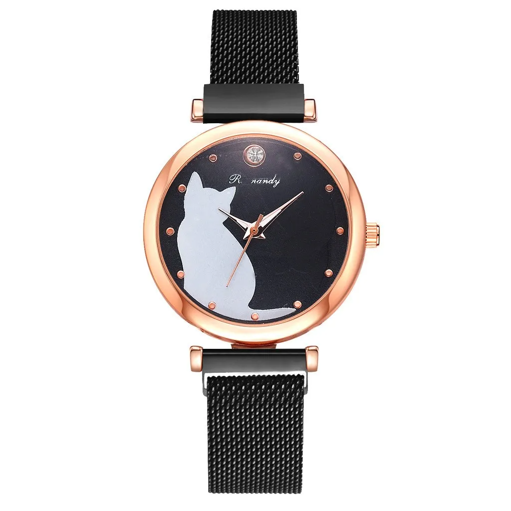 Women Watches Rose Gold Bracelet Set Cat Pattern Black Magnet Watch Ladies Bracelet Wrist Watches Luxury Quartz Clock