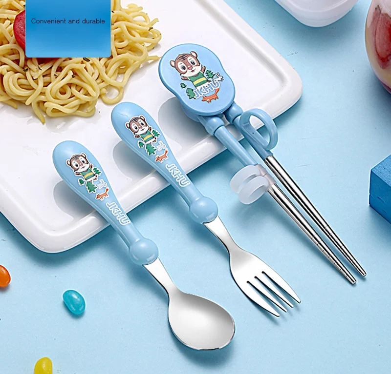 kids forks Training Chopsticks Flat Edge Stainless steel fork Spoon Grooved tableware Set with Case for Right-hand Children Kids
