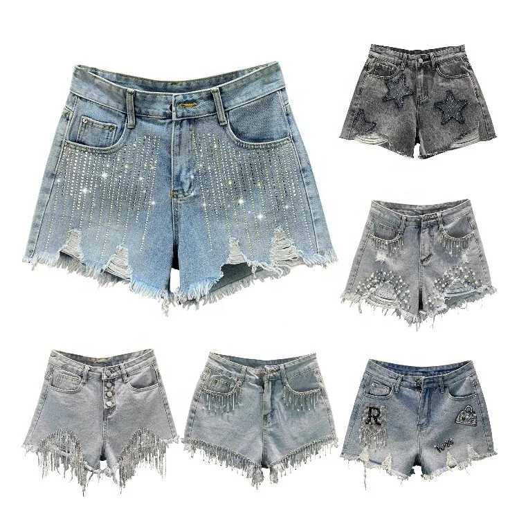 2023 Summer Brocken Hole Women Denim Summer Shorts Short Jeans Casual Bale Zipper Fly Pockets Frayed Raw Ripped Denim for Women