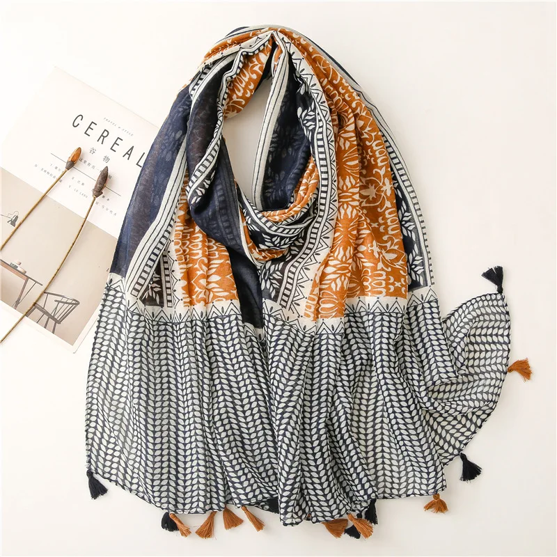 Wholesale Fashion Soft Brand Logo Pattern Printed Wide Linen Shawls Luxury Ladies Scarfs For Women Stylish Cotton Designer Scarf