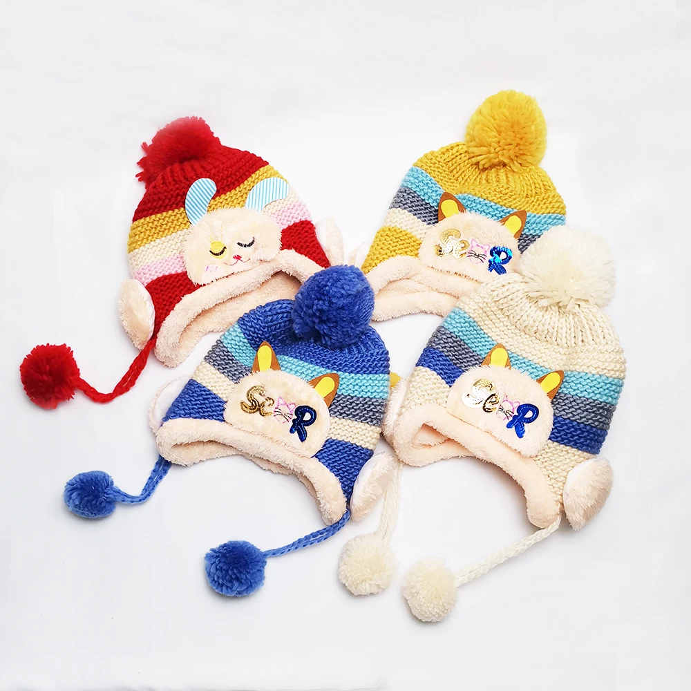 Ear Muffs Winter Baby Hat Best Sale Child Kids Fleece Bonnet Thick Cotton Yarn Knitted  Beanie Hats Pom Pom Woolen Caps