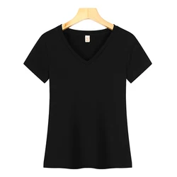 High quality Customized blank 92.2% Cotton,7.8%spandex,200GSM soft plain v-neck t shirt women for wholesale with custom printing