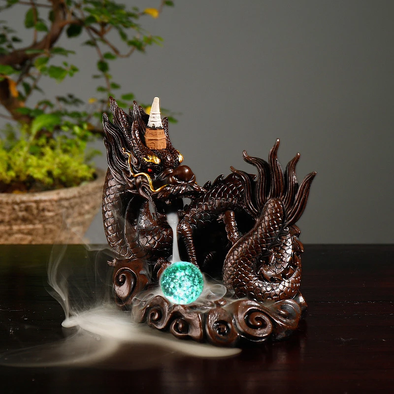 Resin Craft Home Desktop Decor Dragon Backflow Incense Burner with LED Light Crystal Ball Smoke Waterfall Incense Censer