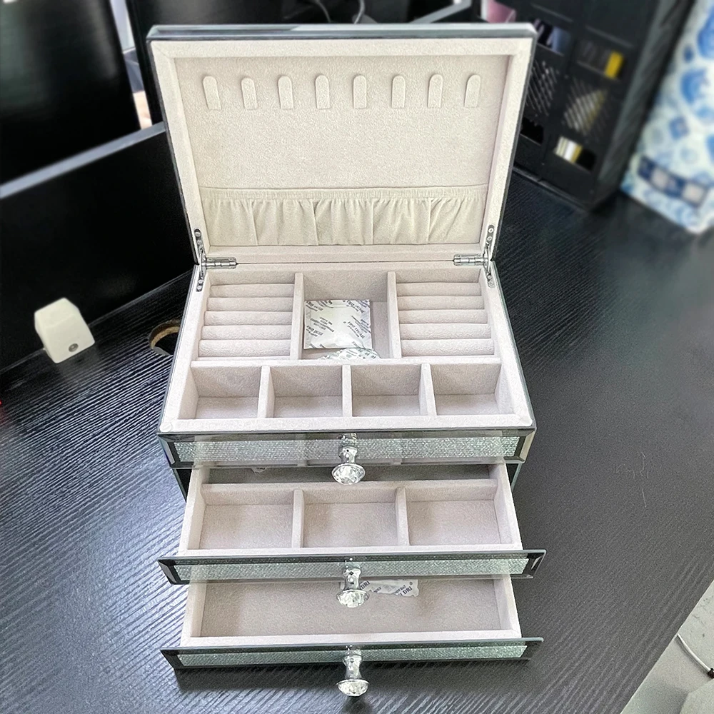 Mirror glass jewelry box three silver flash diamond bedroom necklace simple high-end large-capacity jewelry organizer Wholesale