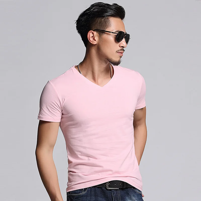 C Deep V Neck T Shirt For Men Low Cut Vneck Wide Vee Tee Male Tshirt Invisible Undershirt Model Scoop Hem Slim Fit Short Sleeve
