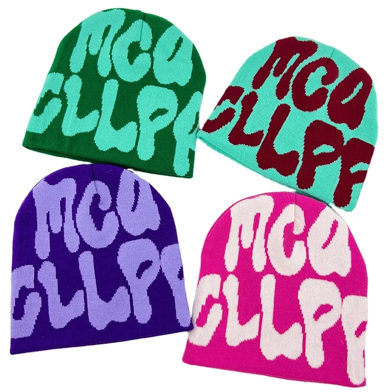 Custom LOGO OEM & ODM men knit beanie winter Outdoor Jacquard letter pattern hat  knitted Sports hat fashion Warm knit me beanie