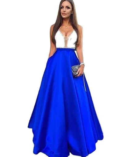 Blue chiffon bridesmaid porm dresses long Satin A-Line wedding Party dress bridesmaid dresses woman
