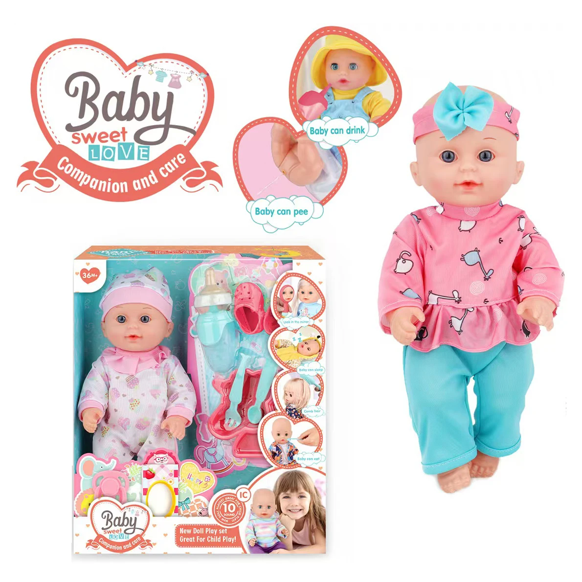 12-inch 3D Face Baby Doll With Multiple Accessories Strap IC  Drink Bottle For Children