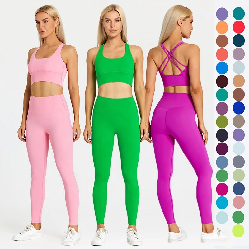 LQ8697 Cross Back Push Up Fitness Energy Bra High Waist Compression Leggings Yoga Set