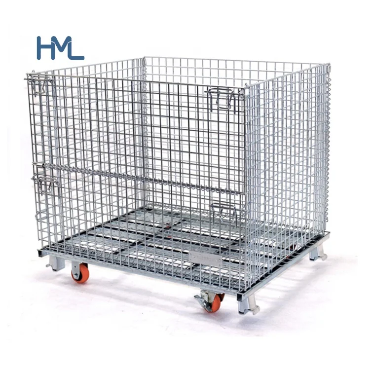 Warehouse storage collapsible welded foldable stacking wire mesh metal steel pallets rollen gitterbox