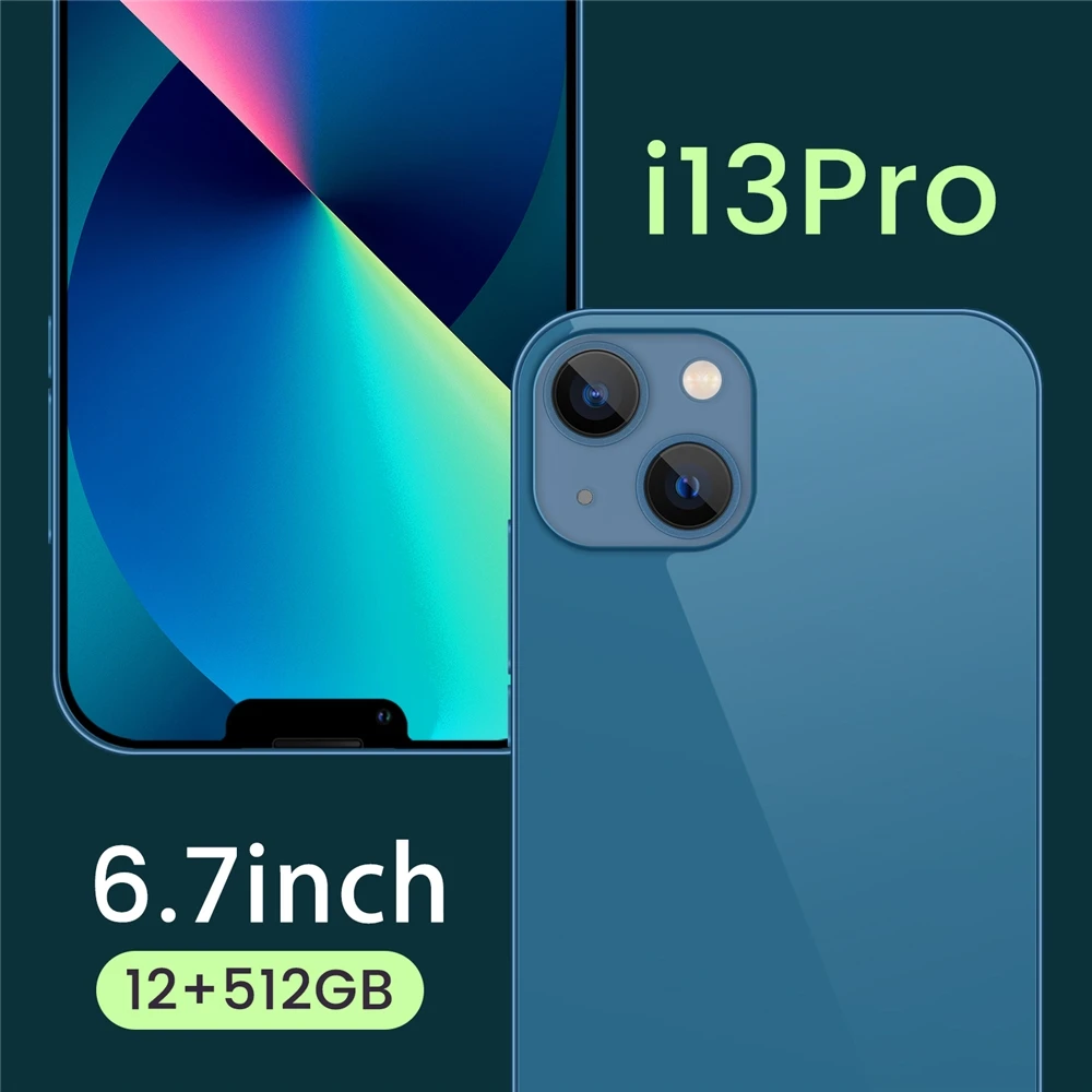 Дропшиппинг телефона i13 Pro HD экран смартфонов 12 Гб + 512 Гб phone13 10-Core 4G 5G LET мобильных телефонов, не блокируется, Две сим-карты, чехол для телефона