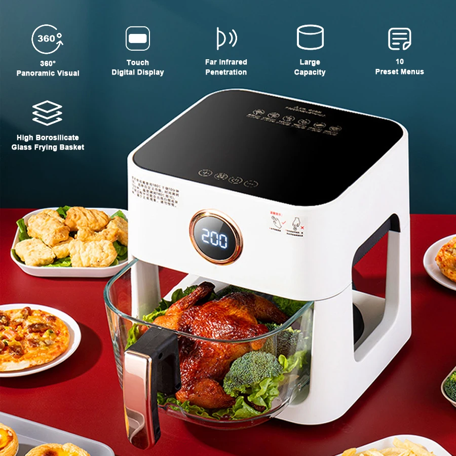 New Design 360 Degree Visible Transparent Glass Basket Pot Air Fryer Voice Touch Control Air Friteuse with Glass Bowl