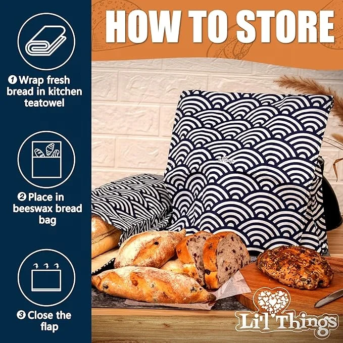 Eco-friendly Reusable Beeswax Bread bags 6 Different Themes  Perfect Bag for Home-Baked   Bread   Japanese Seigaiha Waves