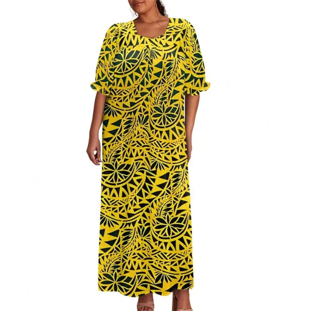 Dropship Oem Women Square Brown Neck Puff Short Sleeve Maxi Dress Delicate Allover Flowers Printing Prom Dress For Lady