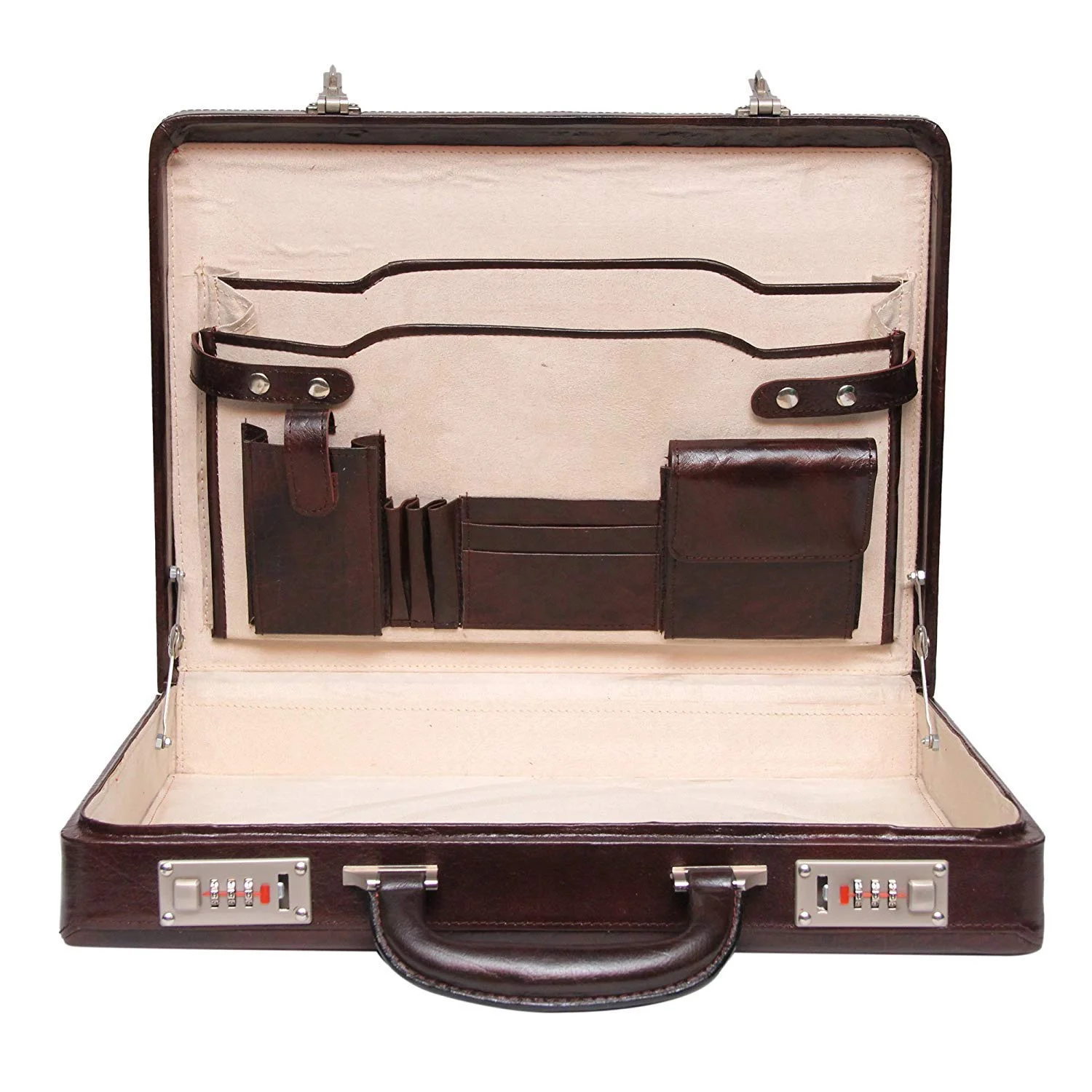 Brown Pu Leather Attache Case for Men Women Thin Briefcase with Combination Lock For Laptop File Pens