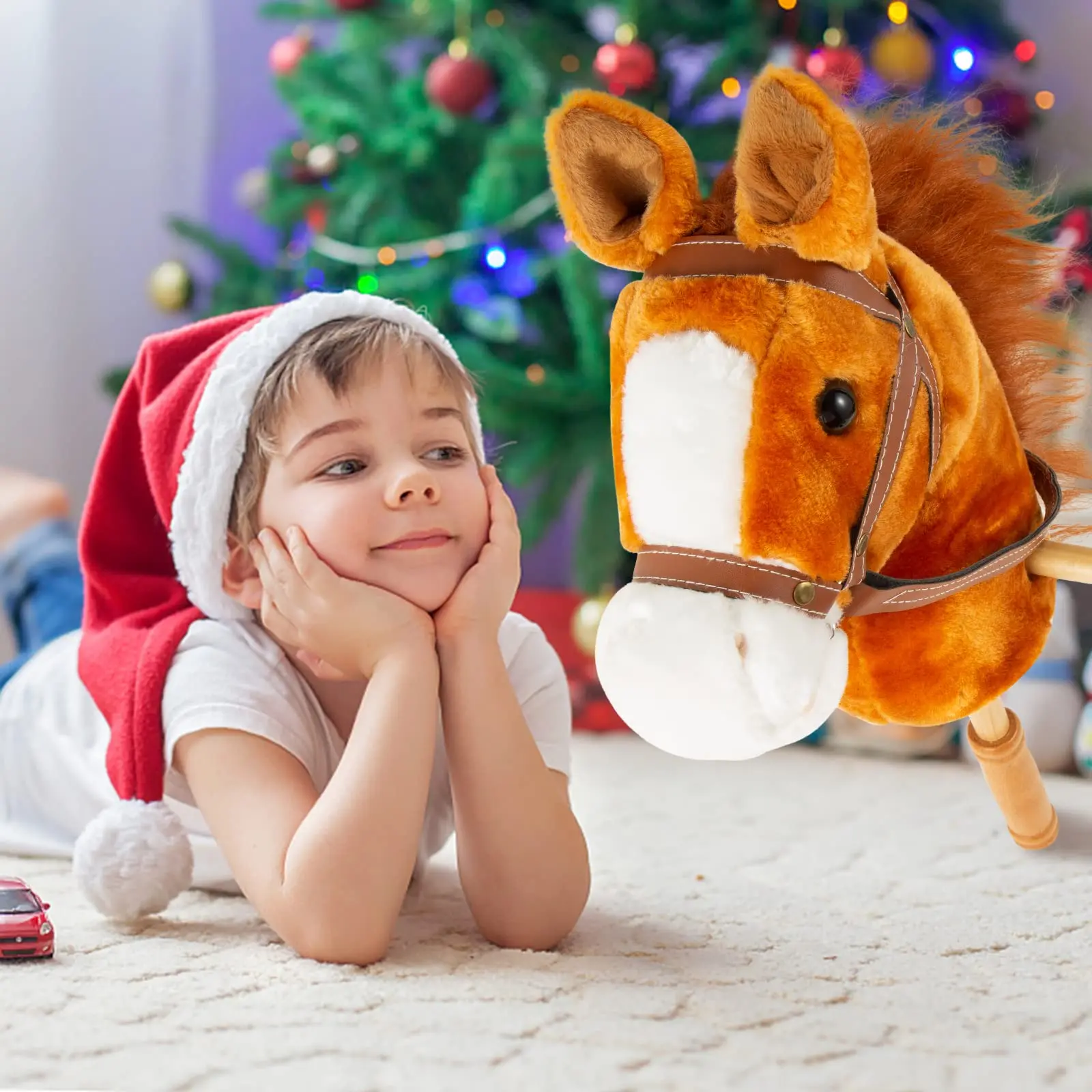 Custom Horse Riding Toy Handsewn Head Sturdy Wood Stick Plus Neighing And Clip-Clop Sounds Plush Horse Riding Stick