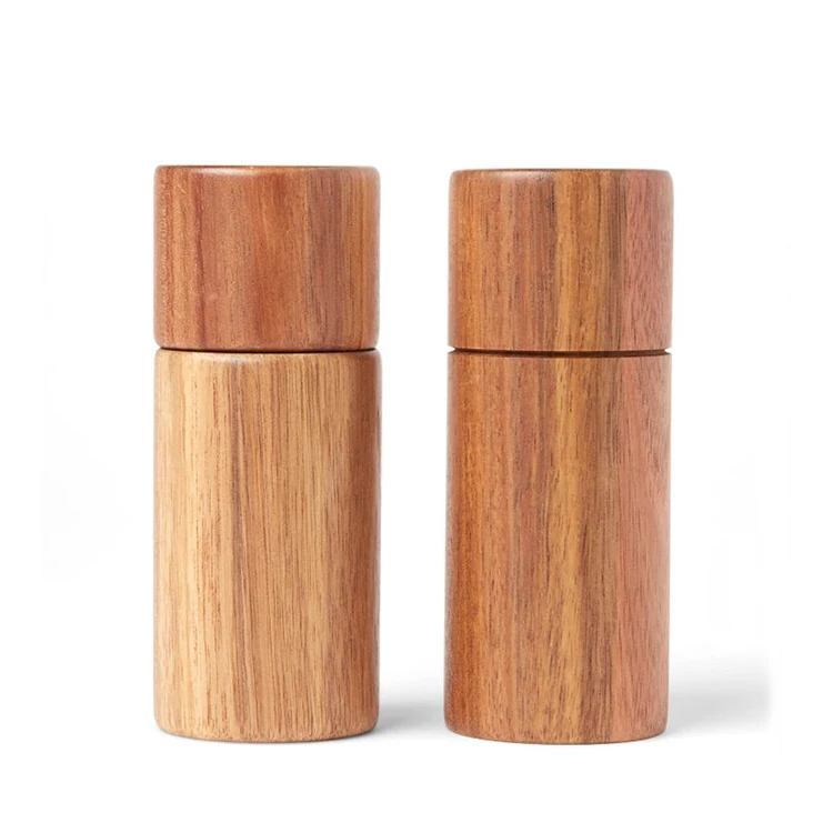 Adjustable 2pc Portable Kitchen Round Manual Acacia Wood Mill Salt Shaker and Pepper Grinder Set