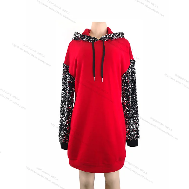 Женский свитшот с капюшоном, Повседневный пуловер с длинным рукавом и блестками, платье с капюшоном