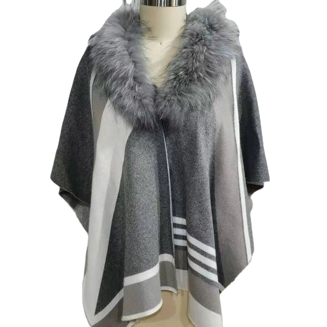 Wholesales Knitted Cape Drop Shoulder  raccoon Fur Trim Warm Scarves Shawls Sweater Poncho With Collar