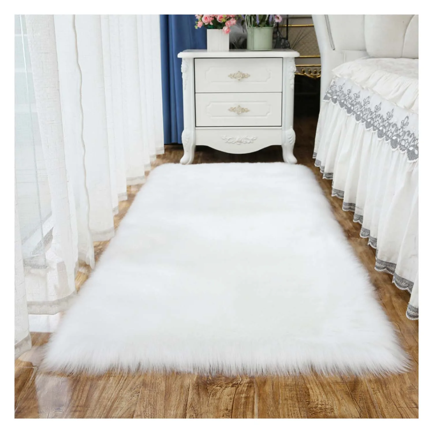 White Faux Fur Sheepskin for Living Room Fluffy Washable Rug for Bedroom Luxury Room Decor Fuzzy Rectangle