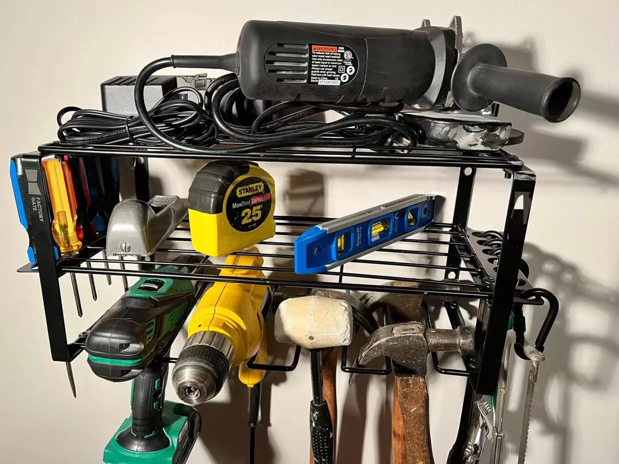Wall Mount Power Tool Organizer, 2 Tier Heavy Duty Tool Storage Rack and 5 Slots Drill Hanger