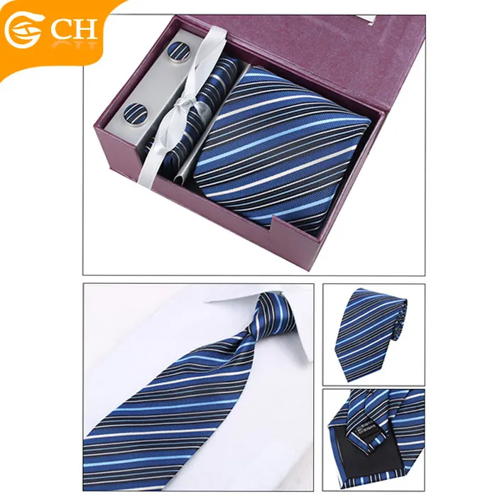 Custom Men Striped  Polyester Tie And Pocket Square Gift Box Set Necktie