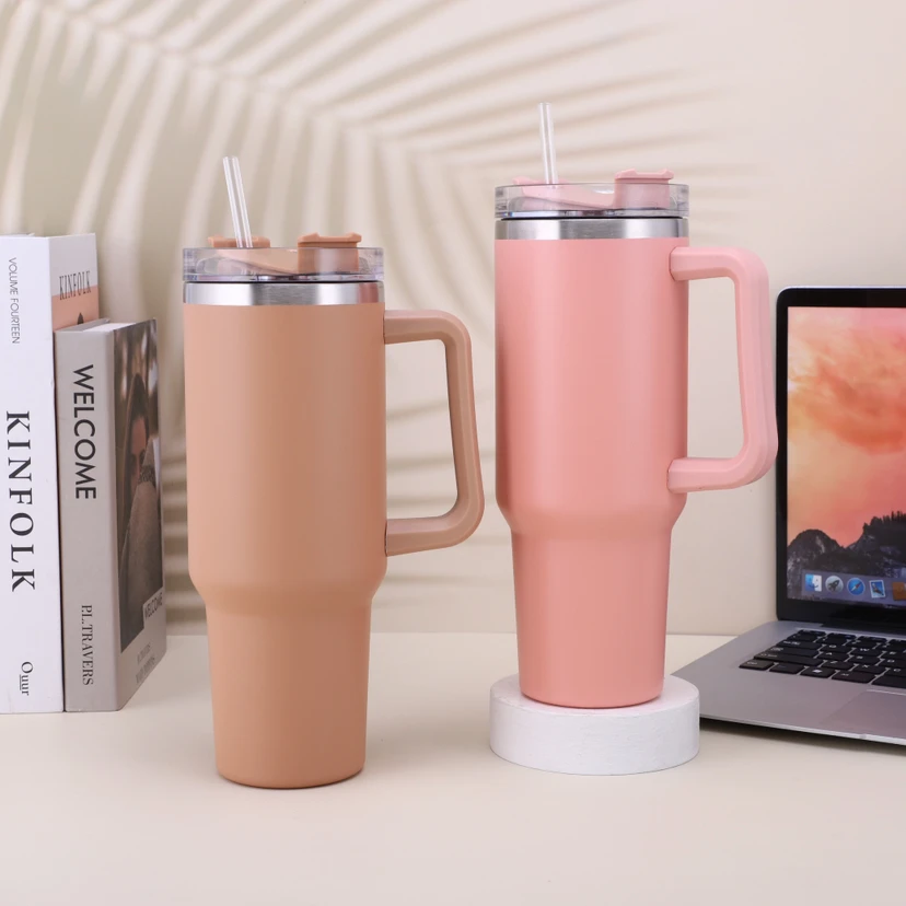 2023 custom vacuum insulated stainless steel 40 oz tumbler cup with handle and straw  travel mug 40oz