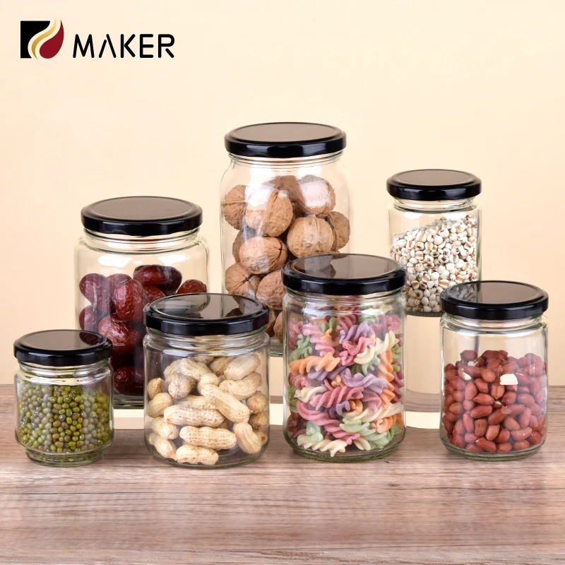 Food Storage Pickles Jars 500ml Round Airtight Glass Jar With Black Lid Cover For Honey Spices Dry Fruits Jam Nuts Peanut Butter
