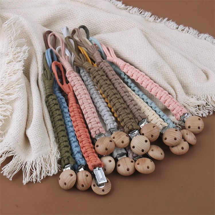 Braided Pacifier Clips Handmade Weave Macrame Wood 100% Cotton Fabric Yarn Baby Glass Bamboo and Silicone Glass Chain Holder 45g