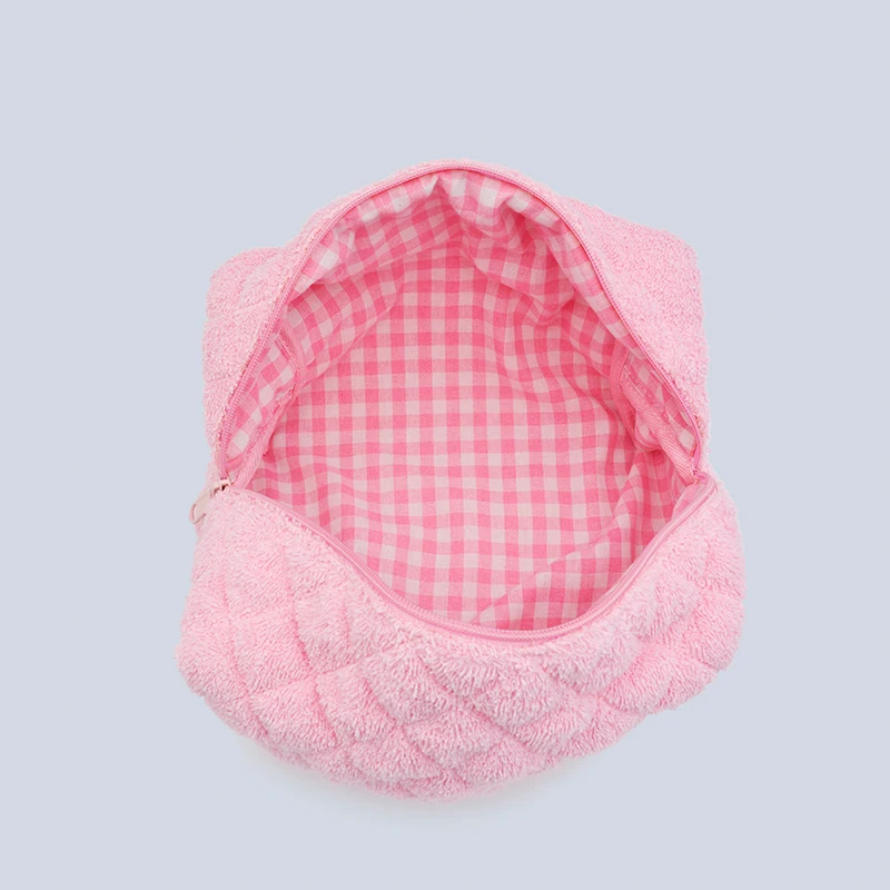 Custom Size Eco Friendly Terry Cloth Towel Women travel cosmetic bag Pink Quilting Terry Cotton Makeup Pouch