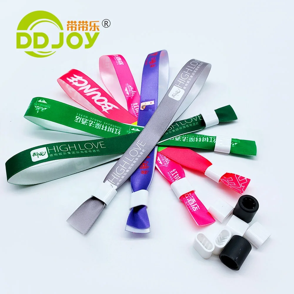 Wholesale Custom Personalised Textile Fabric Bracelets Concert Events Woven Ribbon Polyester Wristband with Plastic Slide lock