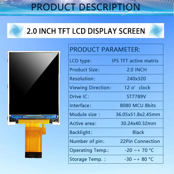 Factory 2.0 inch graphic 240*320 RGB MIPI SPI MCU interface touch panel transmisive HD20003C22 FP-200H05B QVGA TFT LCD Module