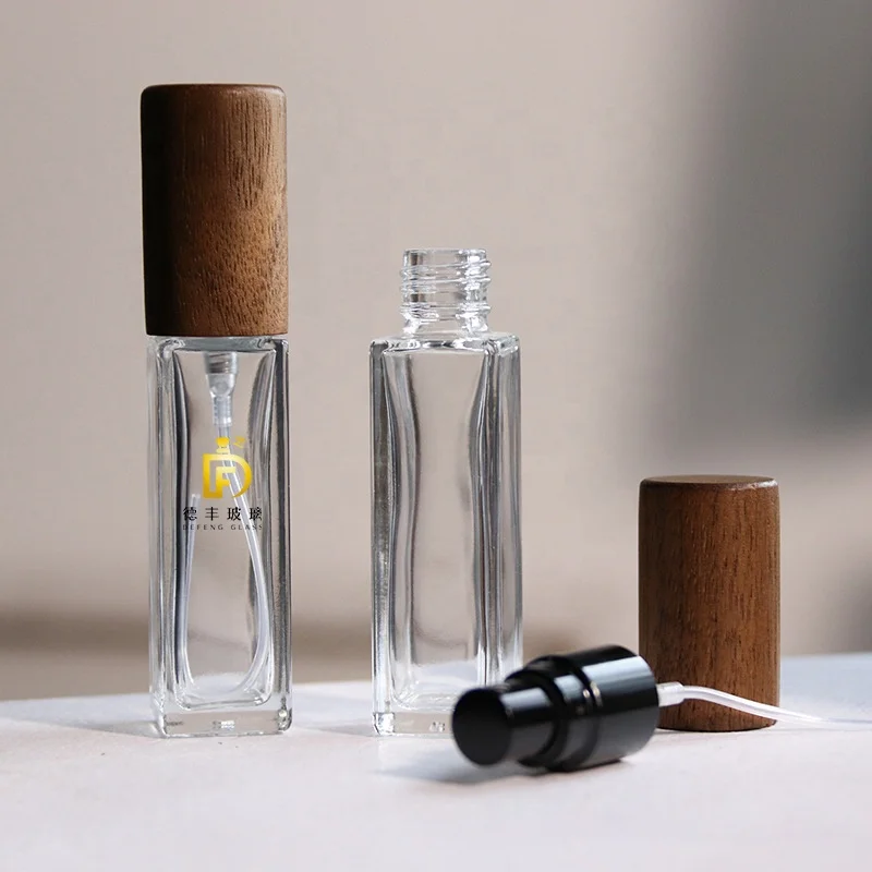 Custom Logo 10ml Empty Mini Glass Perfume Bottle With Dark Wood Cover For Packaging