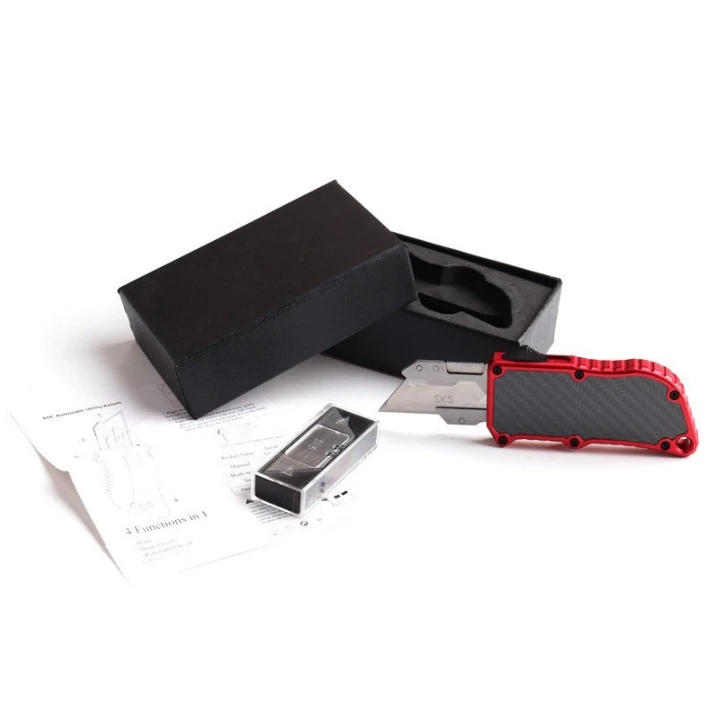 Pocket EDC Aluminum Alloy Shell Double Action 5 Extra Blades Automatic Box Cutter Razor Knife OTF Tools UK-1706