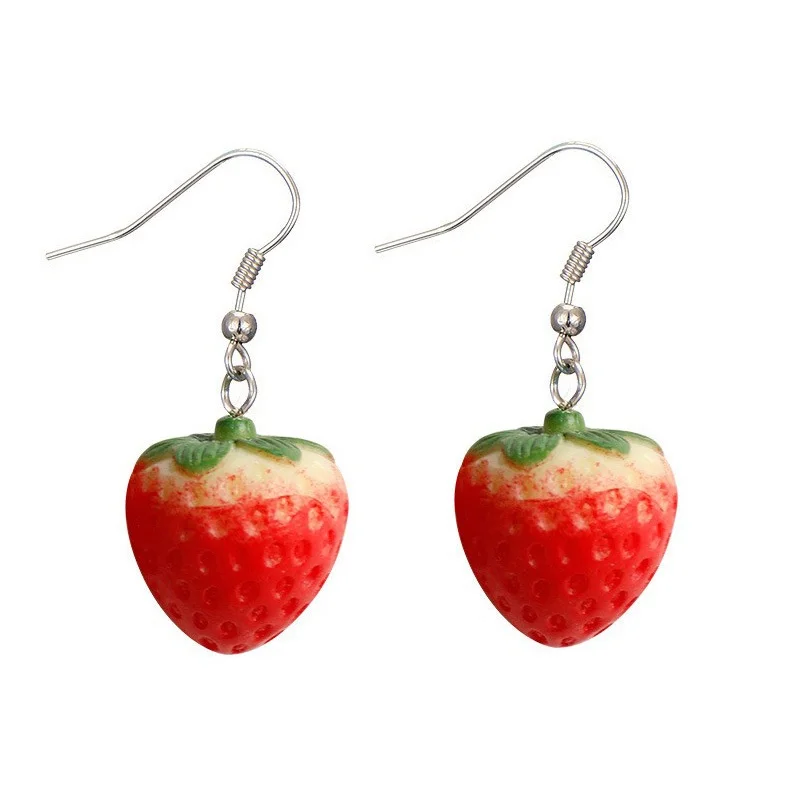 Sweet Stereoscopic Resin Strawberry Pendant Hook Earrings Women Simulation Fruit Cute Earring Jewelry Accessories