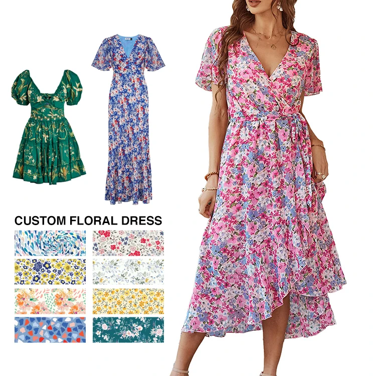 Clothing Manufacturers Custom Women Summer Flower Printing Design Rayon High Slit Lace Up Floral Elegant Beach Casual Midi Dress