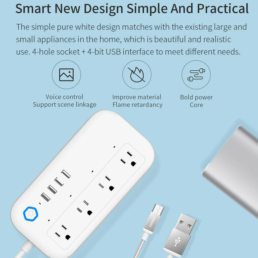 RSH Tuya Wifi Smart Socket Power Strip With 4 USB Ports Multi-Plug Smart Life