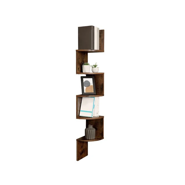 Rustic 5 Tier Wooden Zig Zag Corner Wall Shelf Floating Corner Bookshelf For Living Room