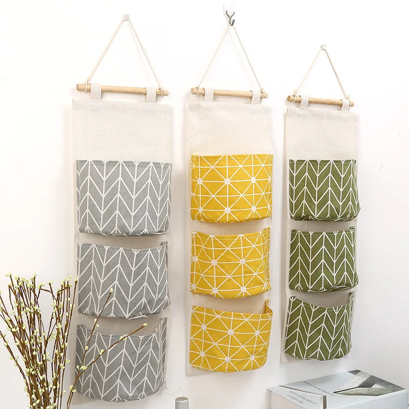 Folding 3 Pockets Hanging Storage Bag Wall Mounted Cotton Linen hanging organizer for room