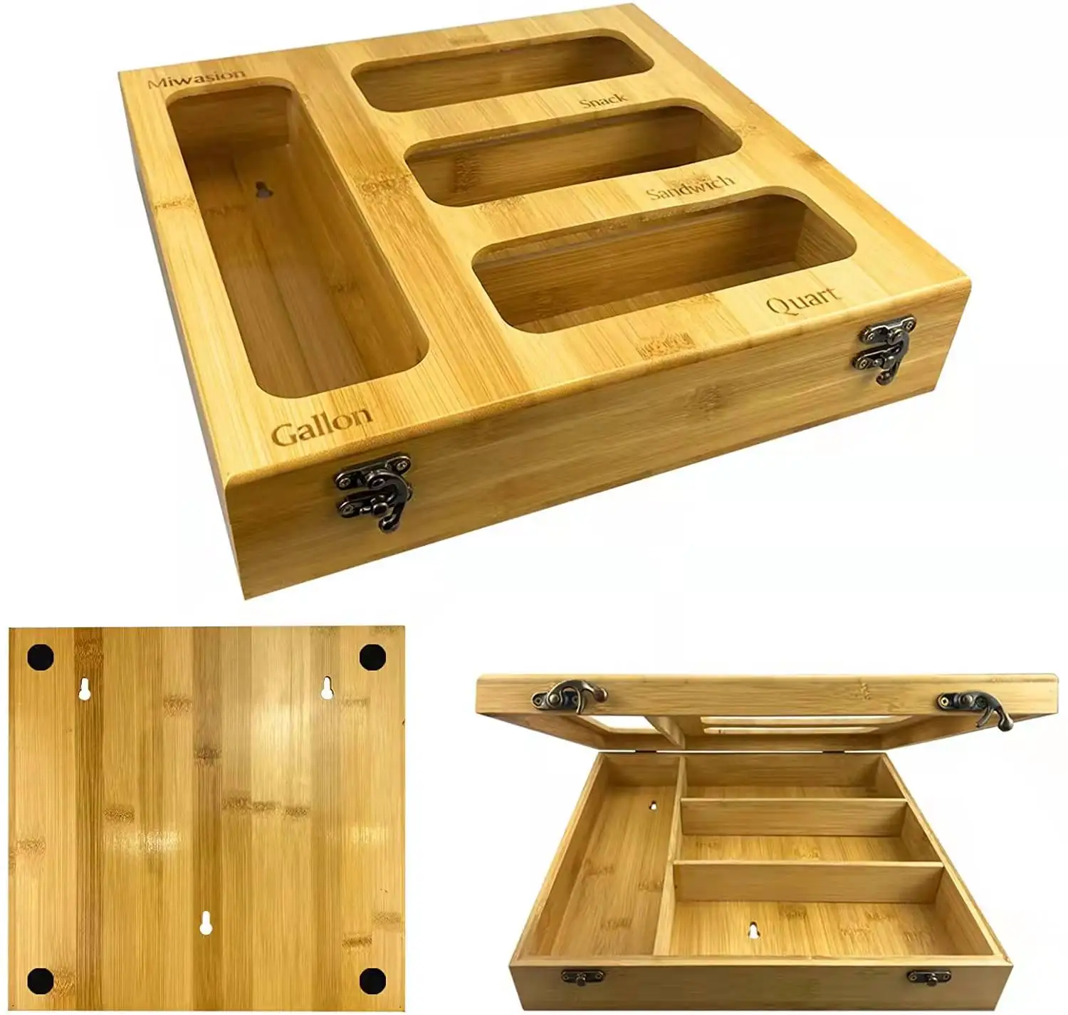 Bamboo Ziplock Bag Storage Organizer for Kitchen Drawer or Wall Mount Food Storage Bag Organizer Box Compatible With Gallon