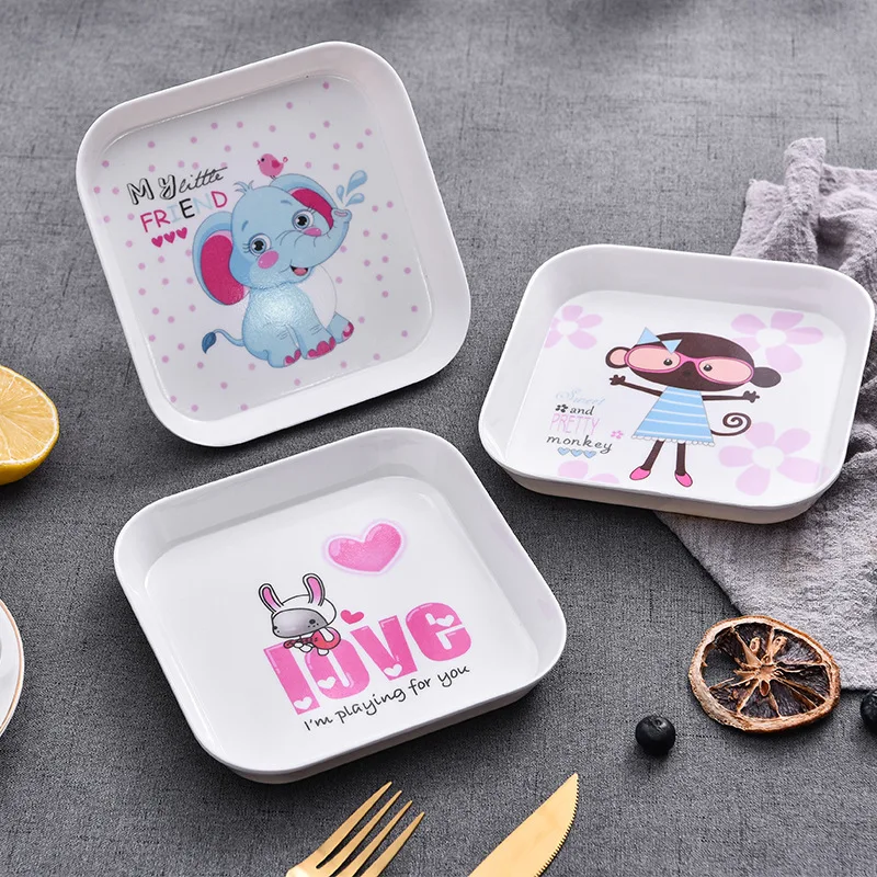 Hot 7 inch Multifunctional Serving Snack Tray  Melamine Catchall Tray Elephant Cartoon Square Dessert Melamine Plates