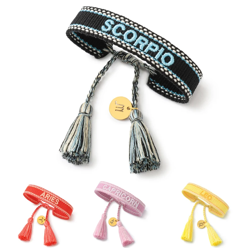 Bohemia zodiac embroidery handmade friendship braided wrap woven polyester thread woven tassel bracelet for women